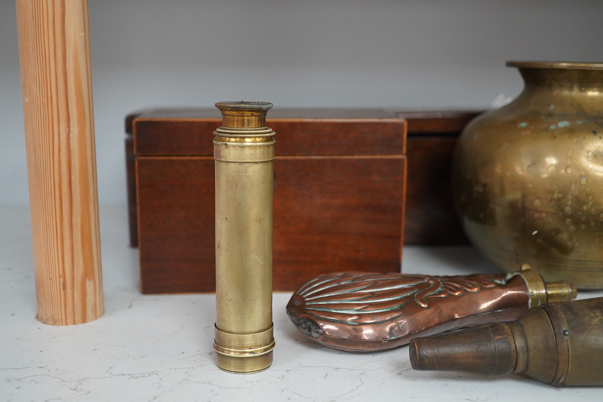 A 19th century inlaid rosewood 'Grabuge' box, a tea caddy, two shot flasks, telescope and brass bowl, largest 34cm wide. Condition - mostly fair